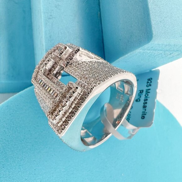 925 Sterling Sliver Moissanite Alphabet J Letter Ring, 3.43ctw VVS Stones Hip Ho - Picture 5 of 7